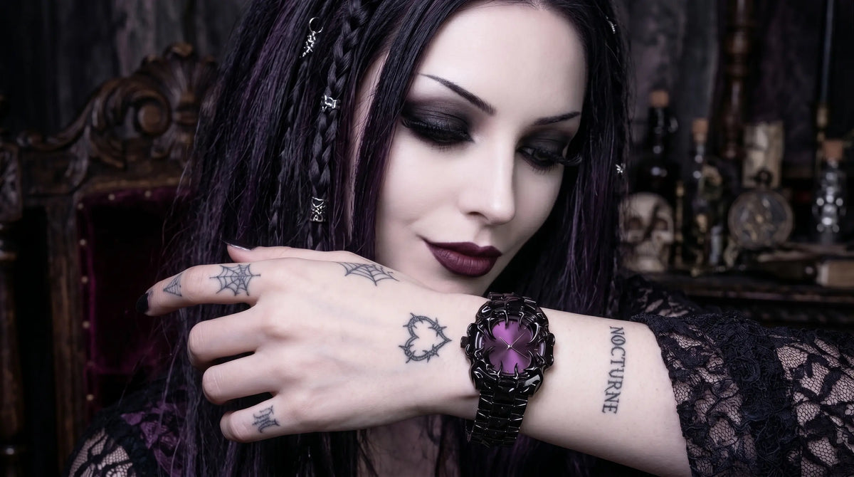Woman wearing a sculptural Demon Jaw gothic watch with a dark alternative outfit