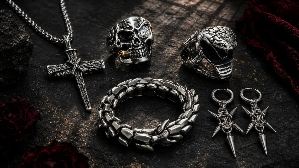 Gothic jewelry collection with skull and serpent rings, cross necklace, bracelet and spike earrings