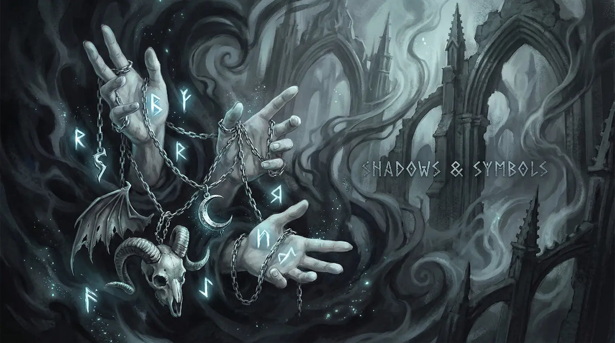 Gothic illustration with rune-covered hands, crescent moon, skull pendant and cathedral ruins