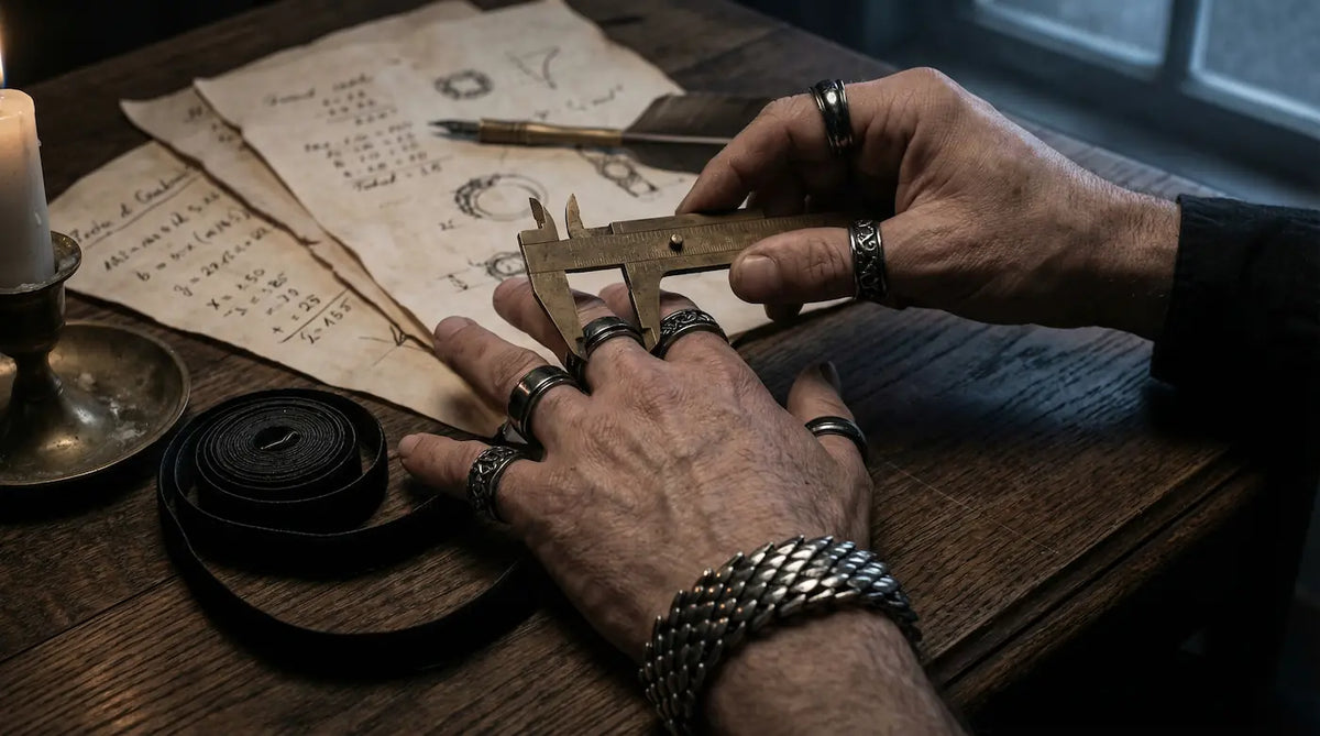 Hands wearing gothic rings measuring jewelry with a caliper for a gothic jewelry size guide