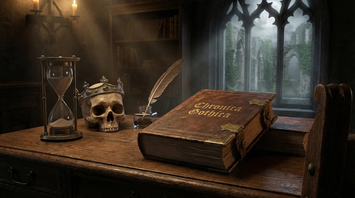 Gothic Chronicles book with crowned skull and hourglass in a dark gothic study
