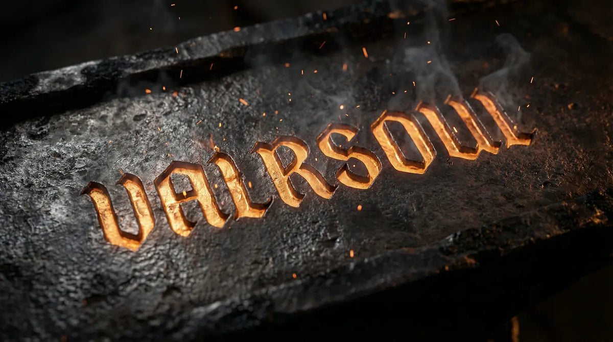 VALRSOUL name forged into glowing hot metal with sparks and smoke