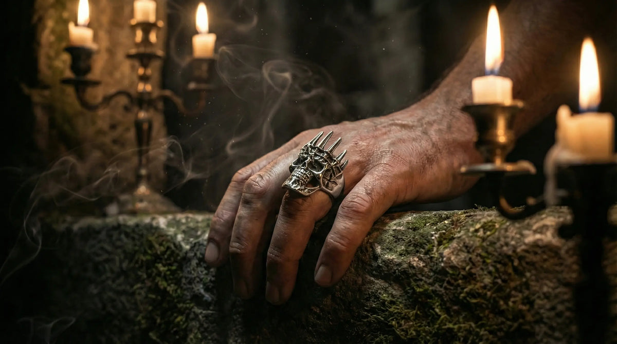 Hand wearing a gothic skull ring surrounded by candles in a dark atmospheric setting