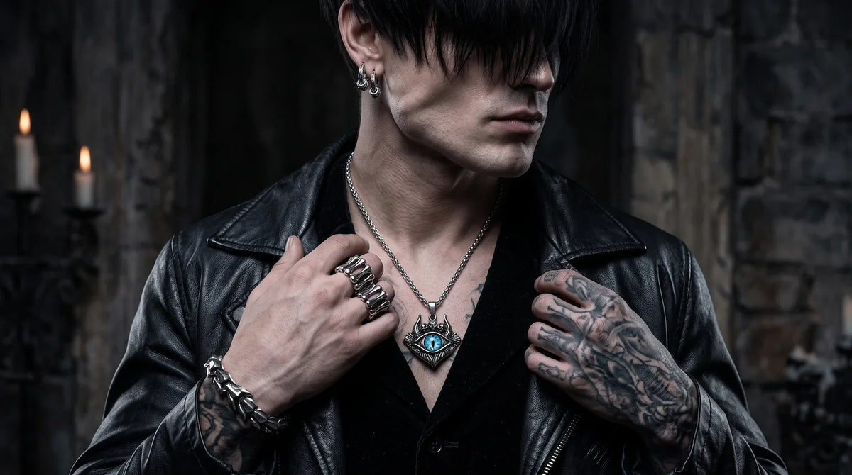 Male model wearing gothic rings, eye pendant necklace, stainless steel bracelet and hoop earrings with a black leather jacket