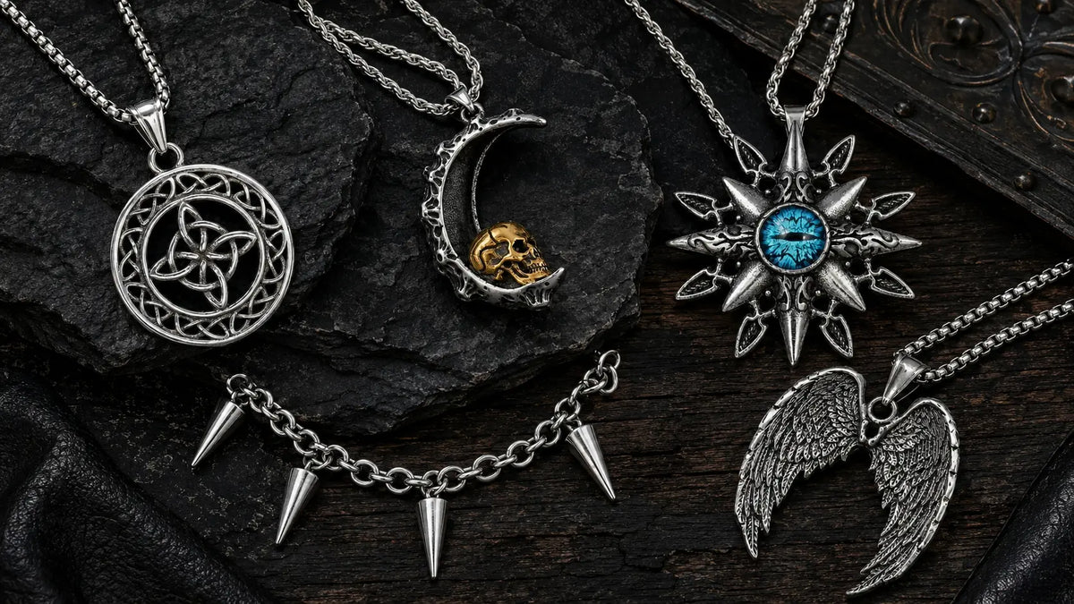 Collection of gothic necklaces featuring Celtic knot, crescent skull, blue eye, spike chain and angel wing pendants