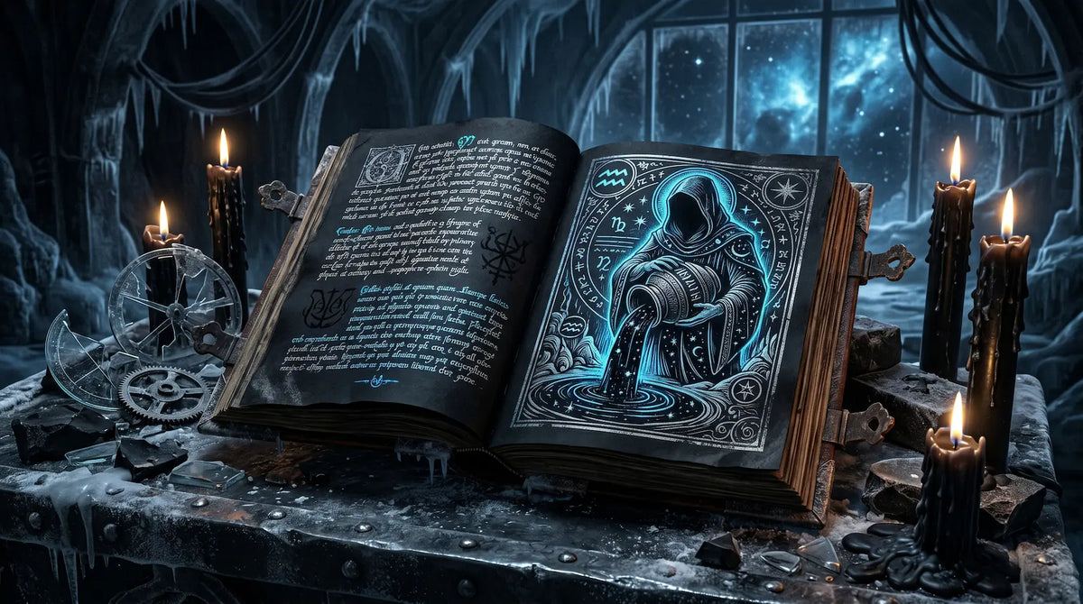 Dark Aquarius zodiac grimoire with mystical water bearer illustration, occult symbols, black candles and shattered glass