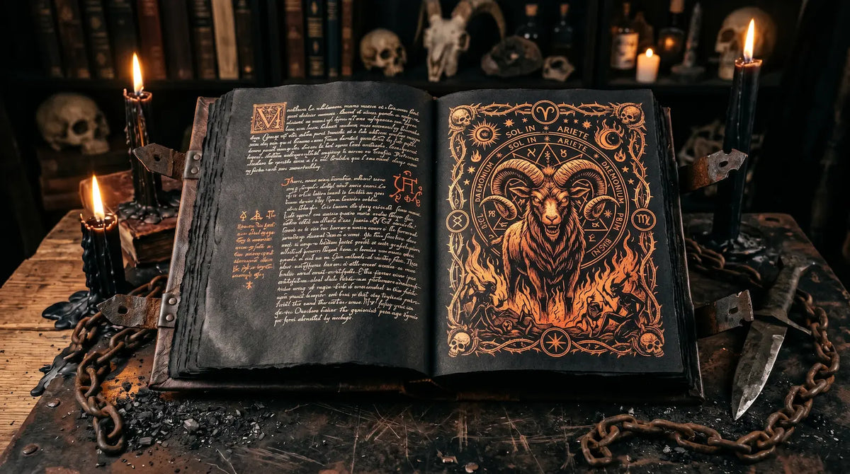 Dark Aries zodiac grimoire with ram illustration, candles, skulls and occult symbols