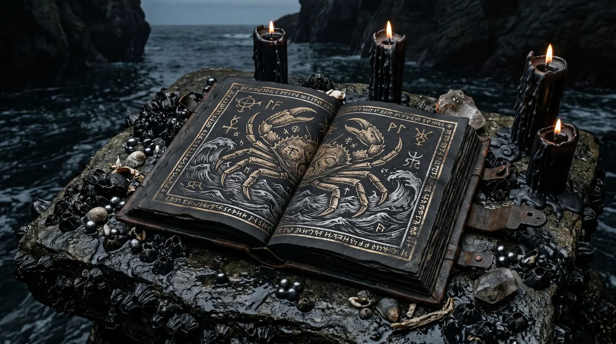 Dark Cancer zodiac grimoire with crab illustrations, occult symbols, black candles and ocean waves