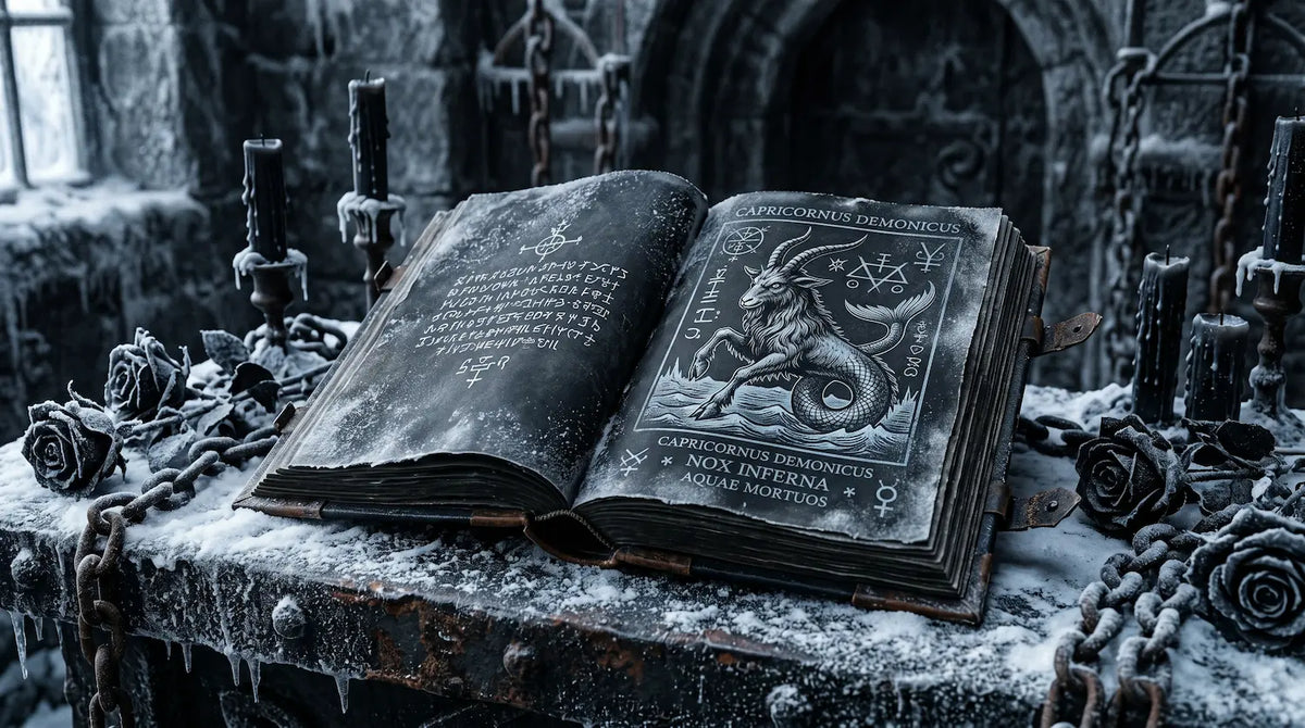 Dark Capricorn zodiac grimoire with sea-goat illustration, occult symbols, frozen black candles and icy roses