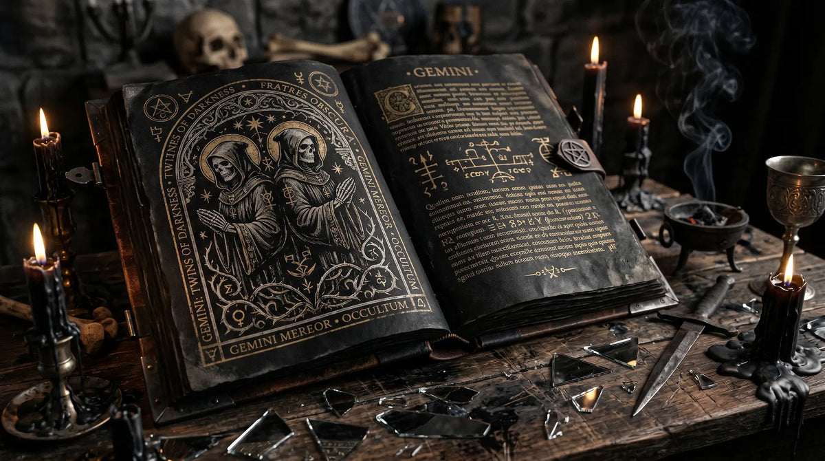Dark Gemini zodiac grimoire with twin figures, occult symbols, candles and shattered mirrors