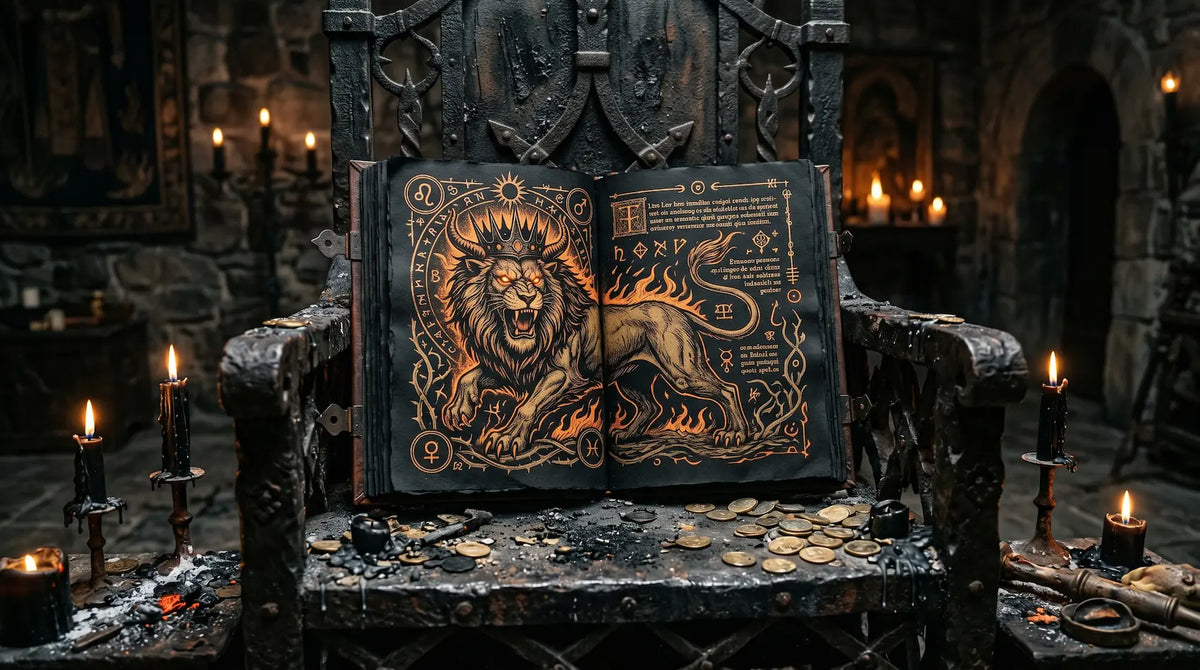 Dark Leo zodiac grimoire with crowned lion illustration, occult symbols, candles and throne