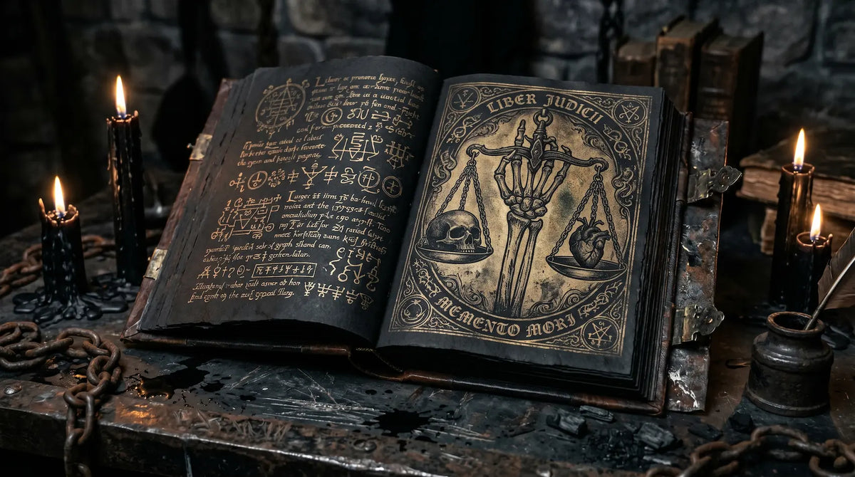 Dark Libra zodiac grimoire with skeletal scales balancing a skull and heart, occult symbols and black candles