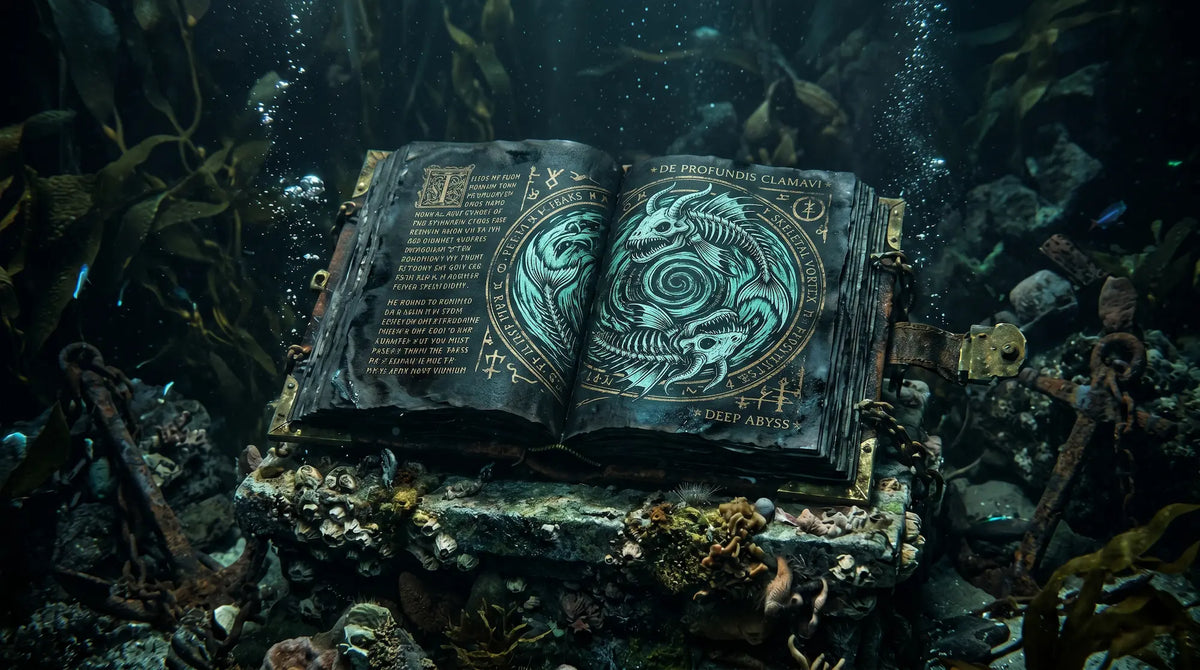 Dark Pisces zodiac grimoire with twin-fish occult illustration submerged in a deep underwater abyss