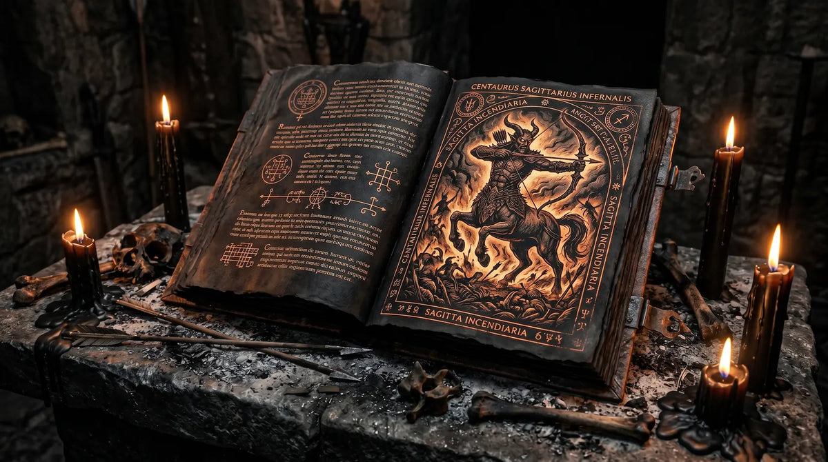 Dark Sagittarius zodiac grimoire with centaur archer illustration, occult symbols, black candles and scattered bones