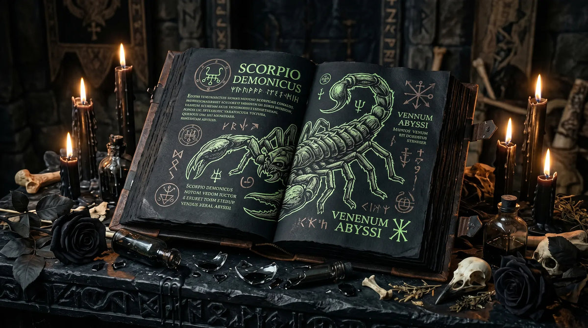 Dark Scorpio zodiac grimoire with scorpion illustration, occult symbols, black candles, skulls and roses