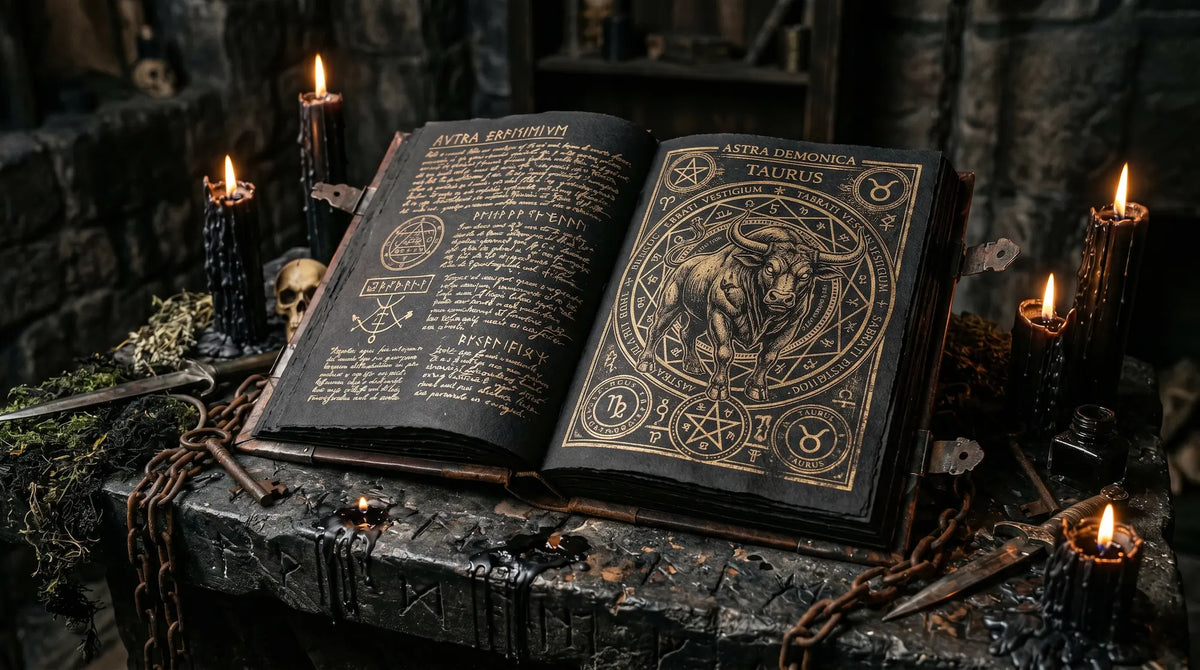 Dark Taurus zodiac grimoire with bull illustration, occult symbols, candles and chains