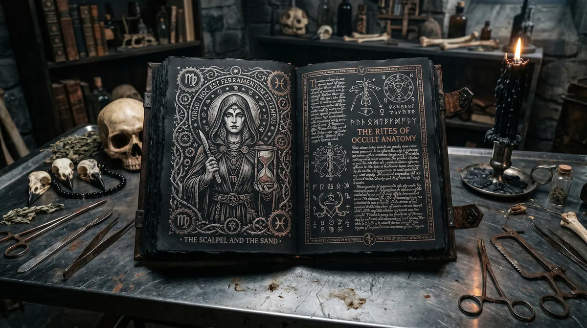 Dark Virgo zodiac grimoire with maiden illustration, occult anatomy symbols, skulls and surgical tools
