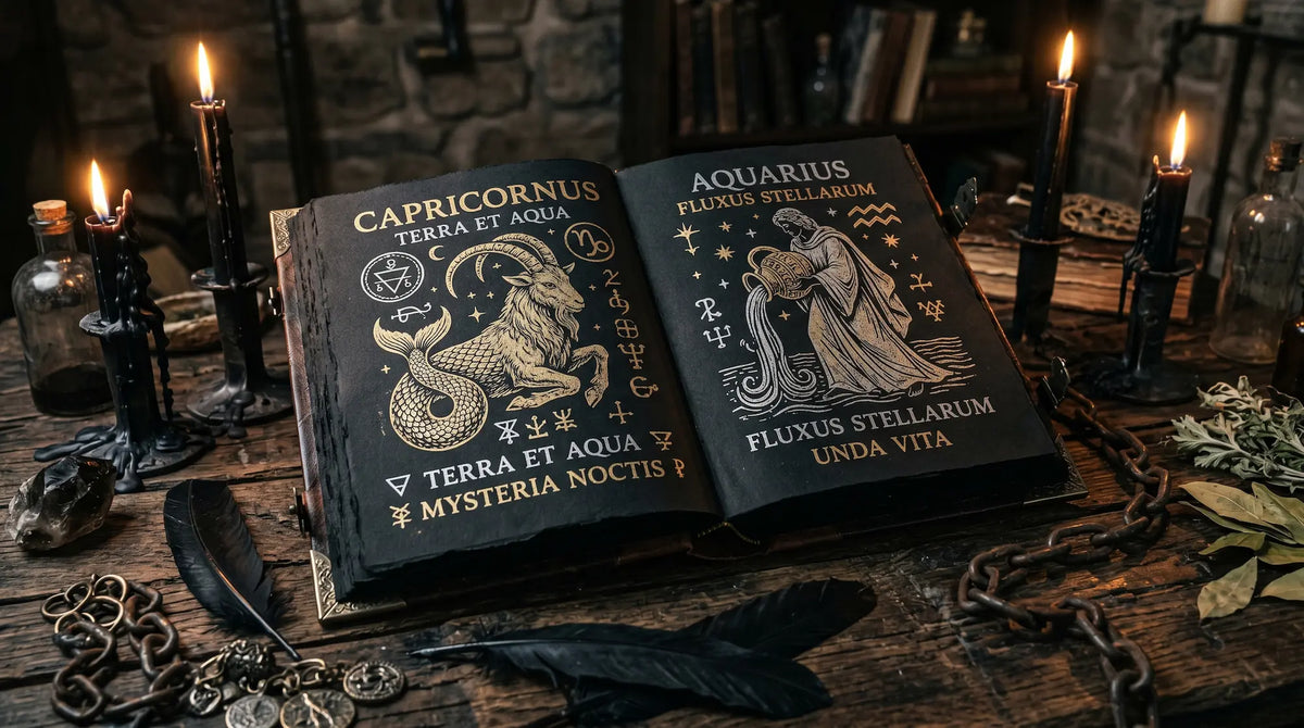 Dark astrology book featuring Capricorn and Aquarius symbols surrounded by candles and occult objects