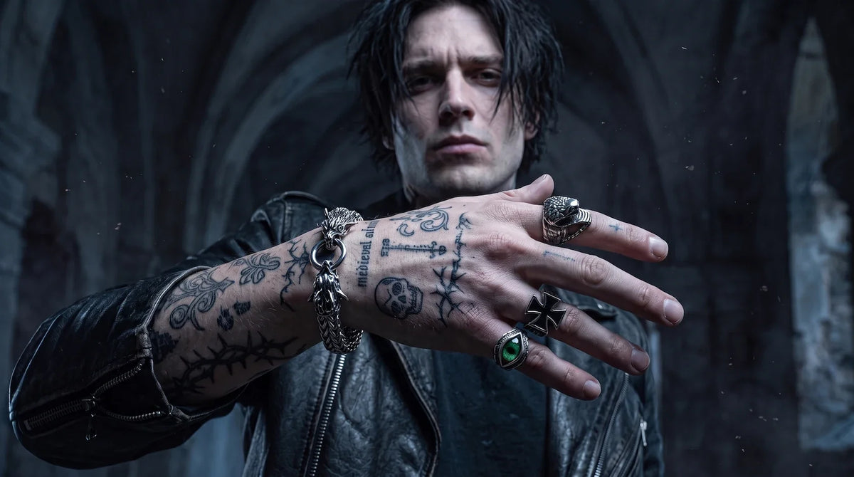 Male model wearing gothic rings and a stainless steel bracelet with a black leather jacket
