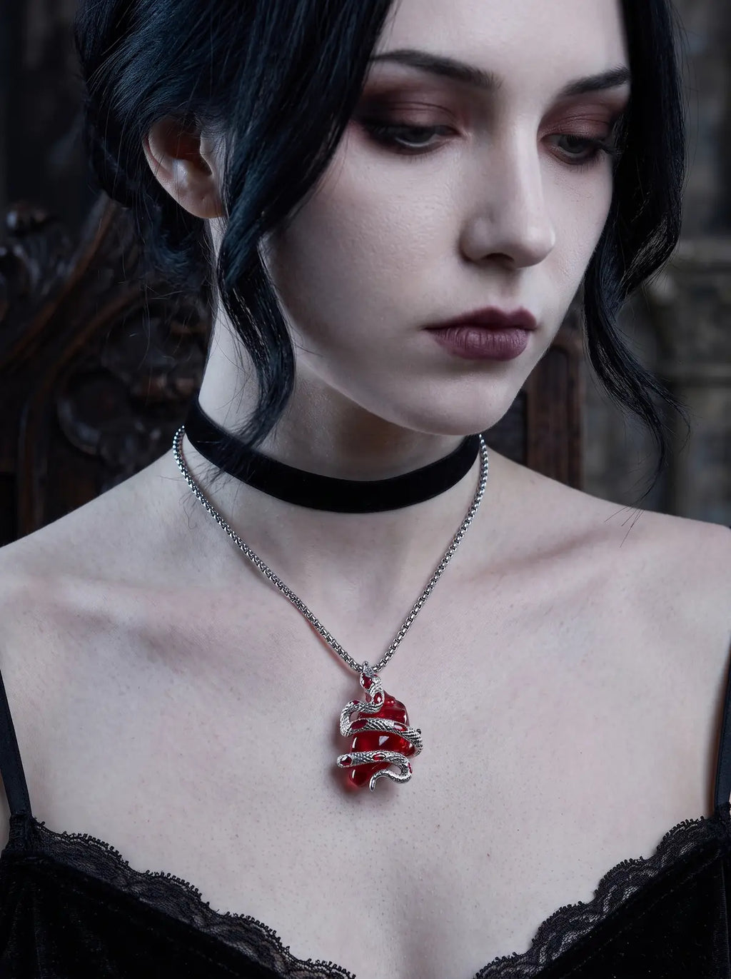 Crimson Coil Gothic Snake Pendant Necklace image 2