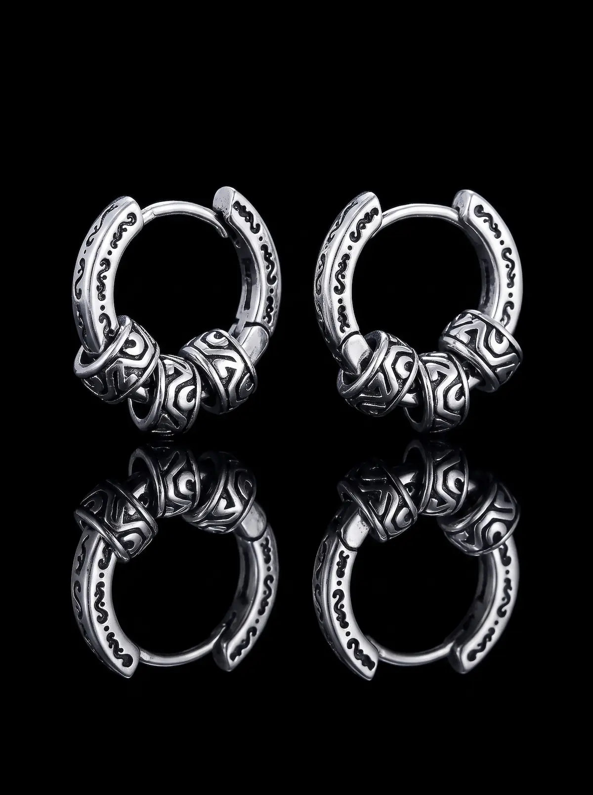 Engraved Tribal Bead Hoops image 0