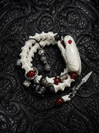 Bloodgaze Snake Bone Bracelet, coiled pale vertebrae bracelet with preserved snake head and deep red bead accents