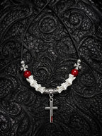 Bloodmark Cross Snake Bone Necklace, white vertebrae necklace with deep red beads and silver-tone cross pendant