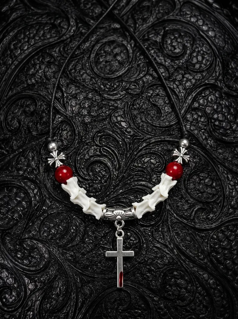 Bloodmark Cross Snake Bone Necklace, white vertebrae necklace with deep red beads and silver-tone cross pendant