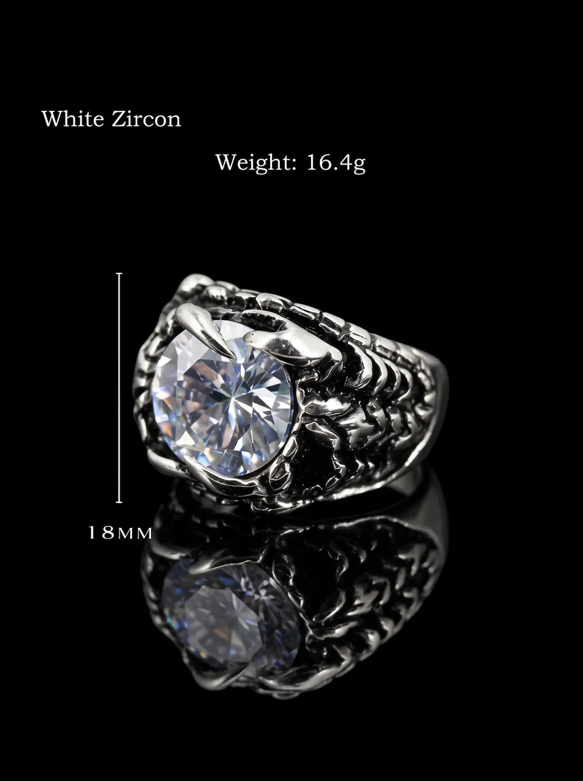 Dragon Talon Zircon Ring with white zircon gemstone, 18 mm face and 16.4 g weight