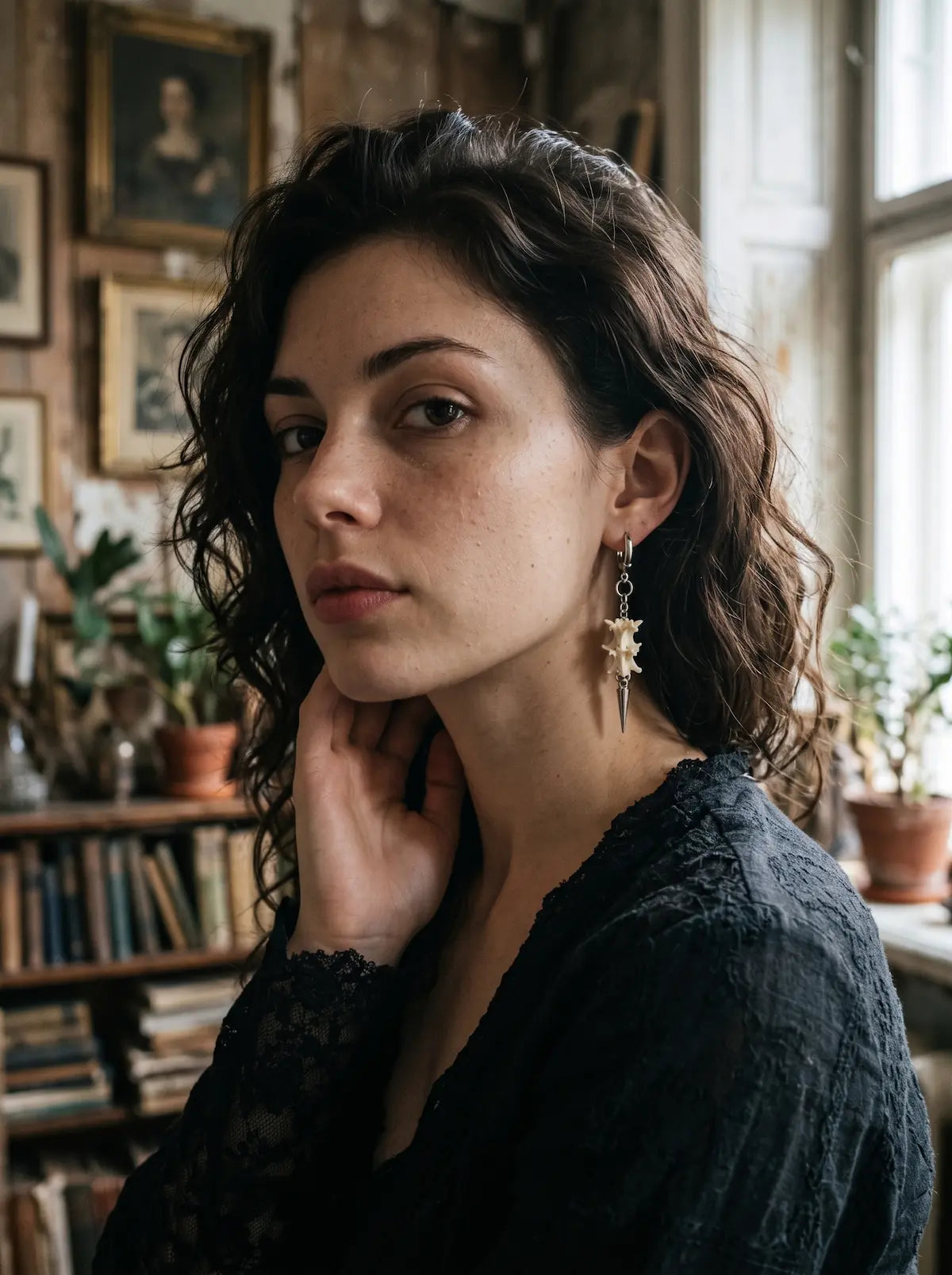 Gravechain Spike snake bone earring worn in a three-quarter portrait with a hand at the neck