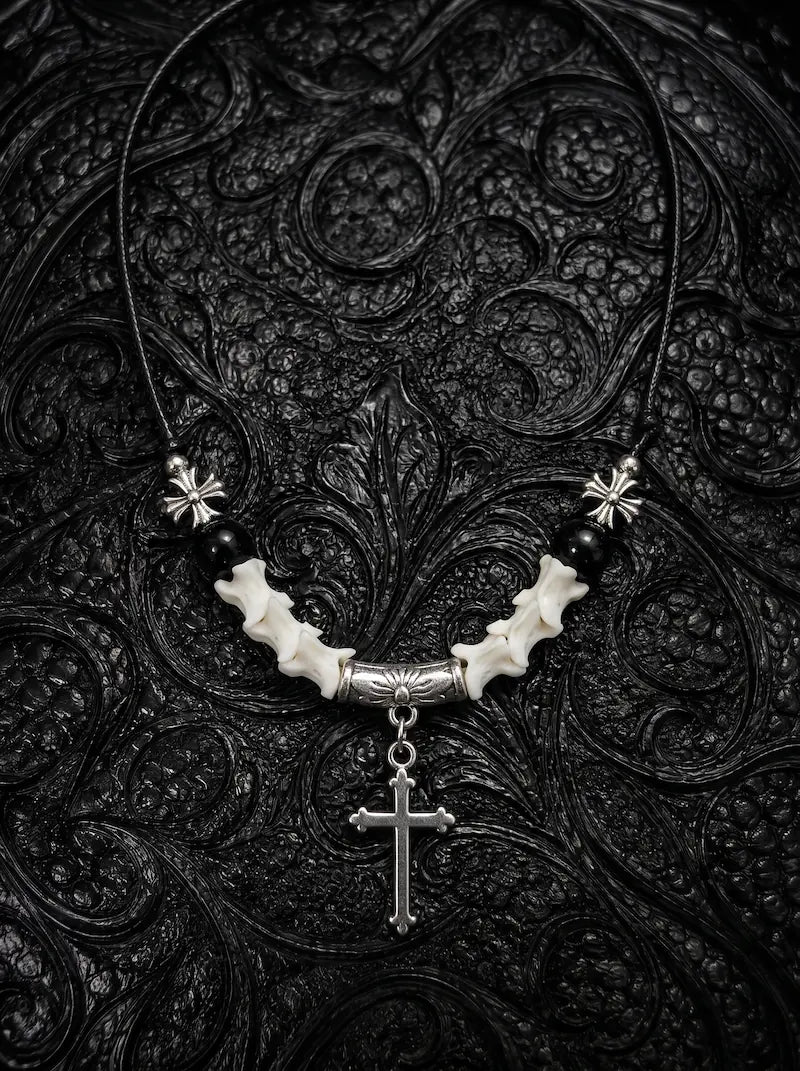 Gravecross Snake Bone Necklace, white vertebrae necklace with black accent beads and silver-tone cross pendant