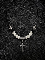 Gravecross Snake Bone Necklace, white vertebrae necklace with black accent beads and silver-tone cross pendant