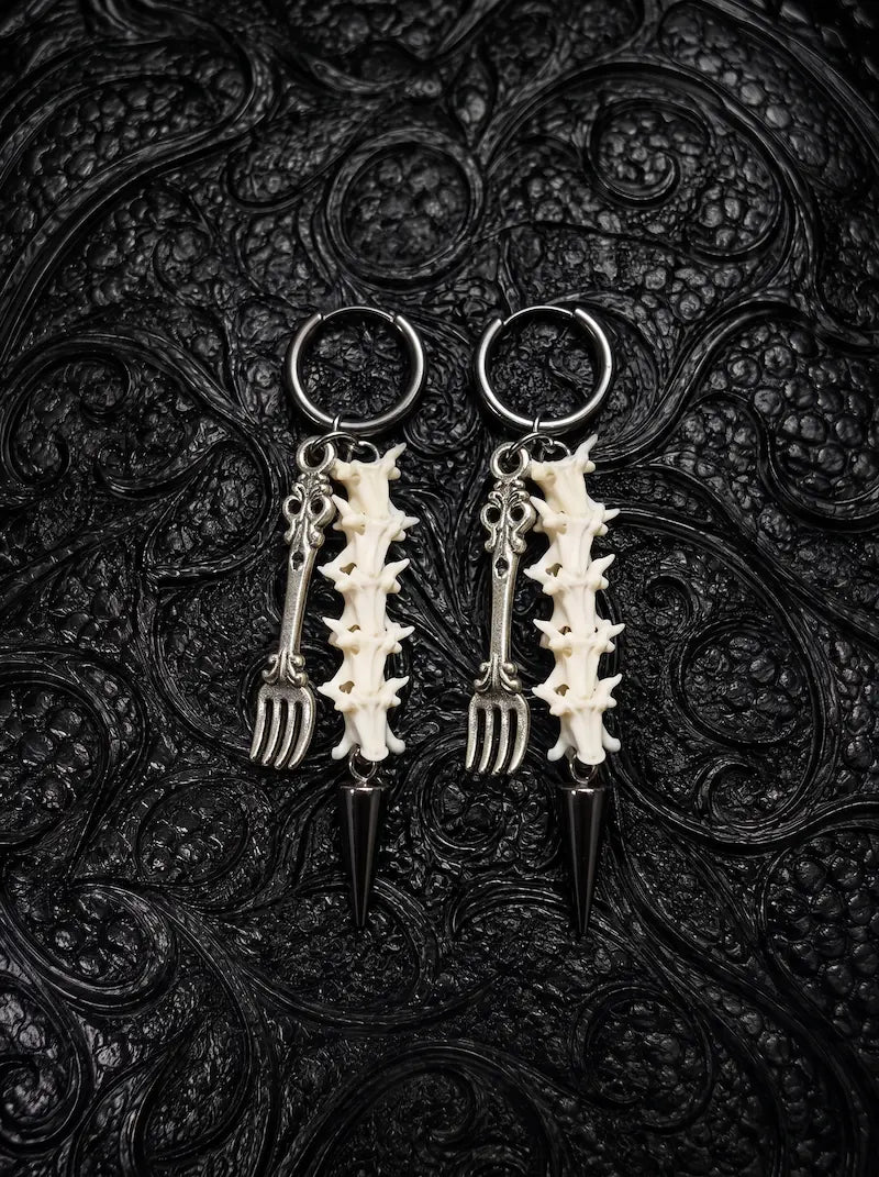 Gravefork Snake Bone Earrings, pair of white snake vertebrae earrings with antique silver-tone forked pendants