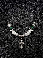 Greenveil Cross Snake Bone Necklace, pale vertebrae necklace with green beads and antique silver-tone cross pendant