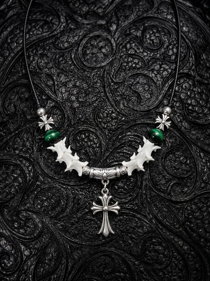 Greenveil Cross Snake Bone Necklace, pale vertebrae necklace with green beads and antique silver-tone cross pendant