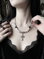 Greenveil Cross Snake Bone Necklace, snake bone cross necklace with green beads held at both sides of the neckline