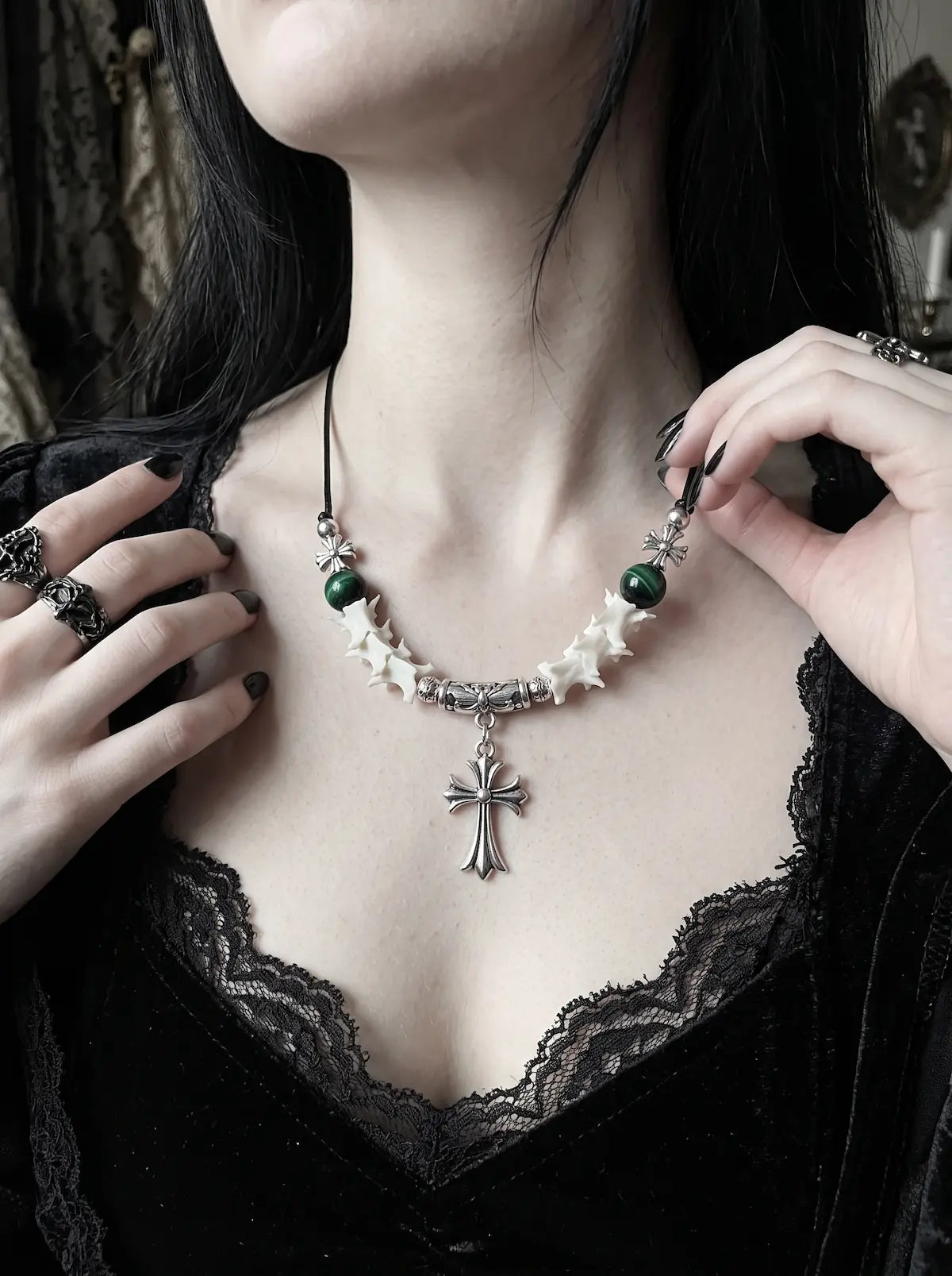 Greenveil Cross Snake Bone Necklace, snake bone cross necklace with green beads held at both sides of the neckline