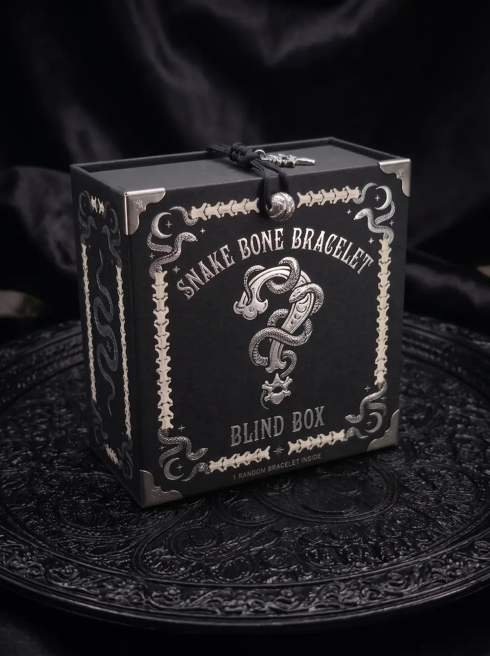Gothic Snake Bone Bracelet blind box in black packaging with silver snake and skeletal artwork