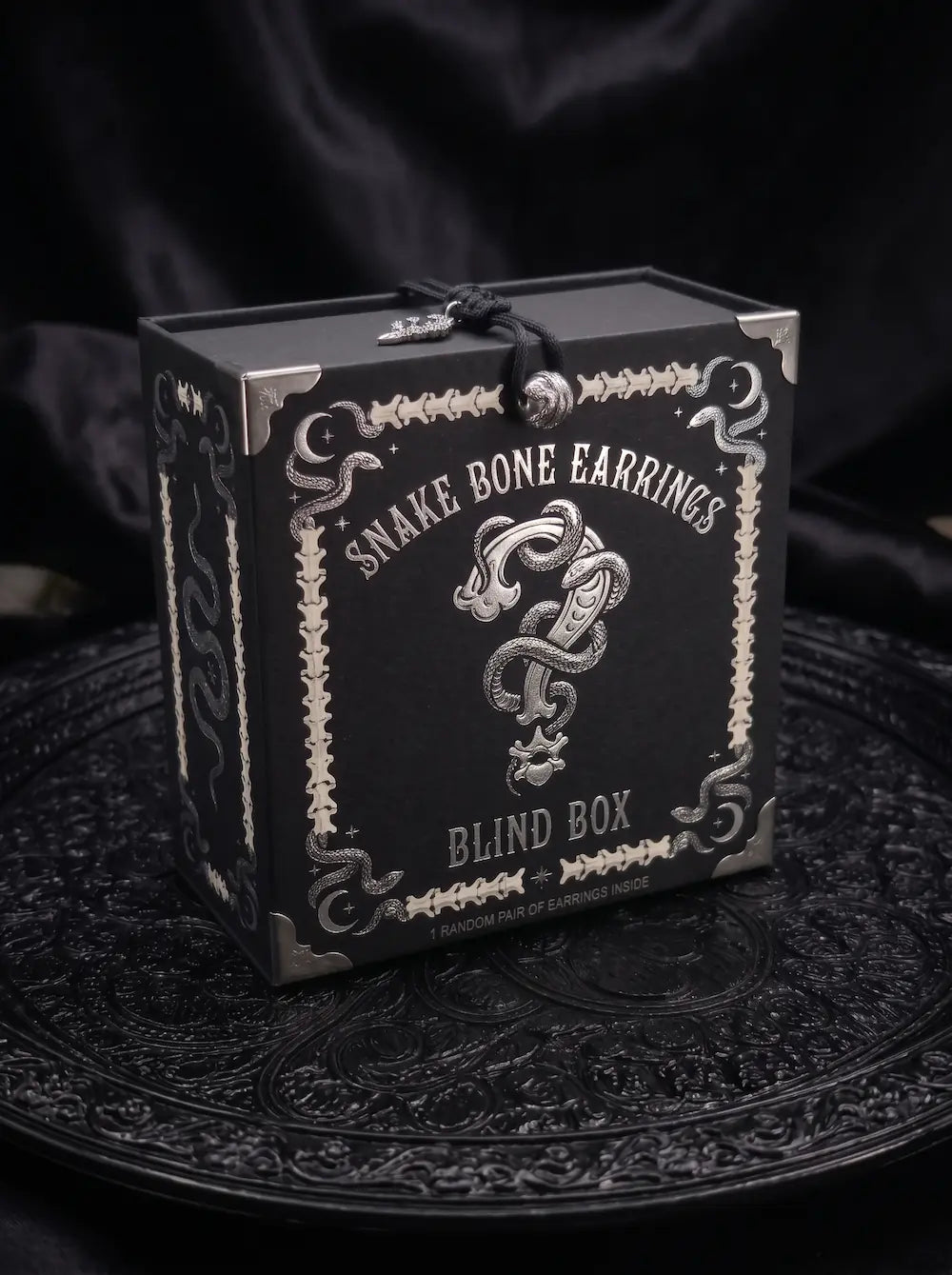 Gothic Snake Bone Earrings blind box in black packaging with silver snake and skeletal artwork