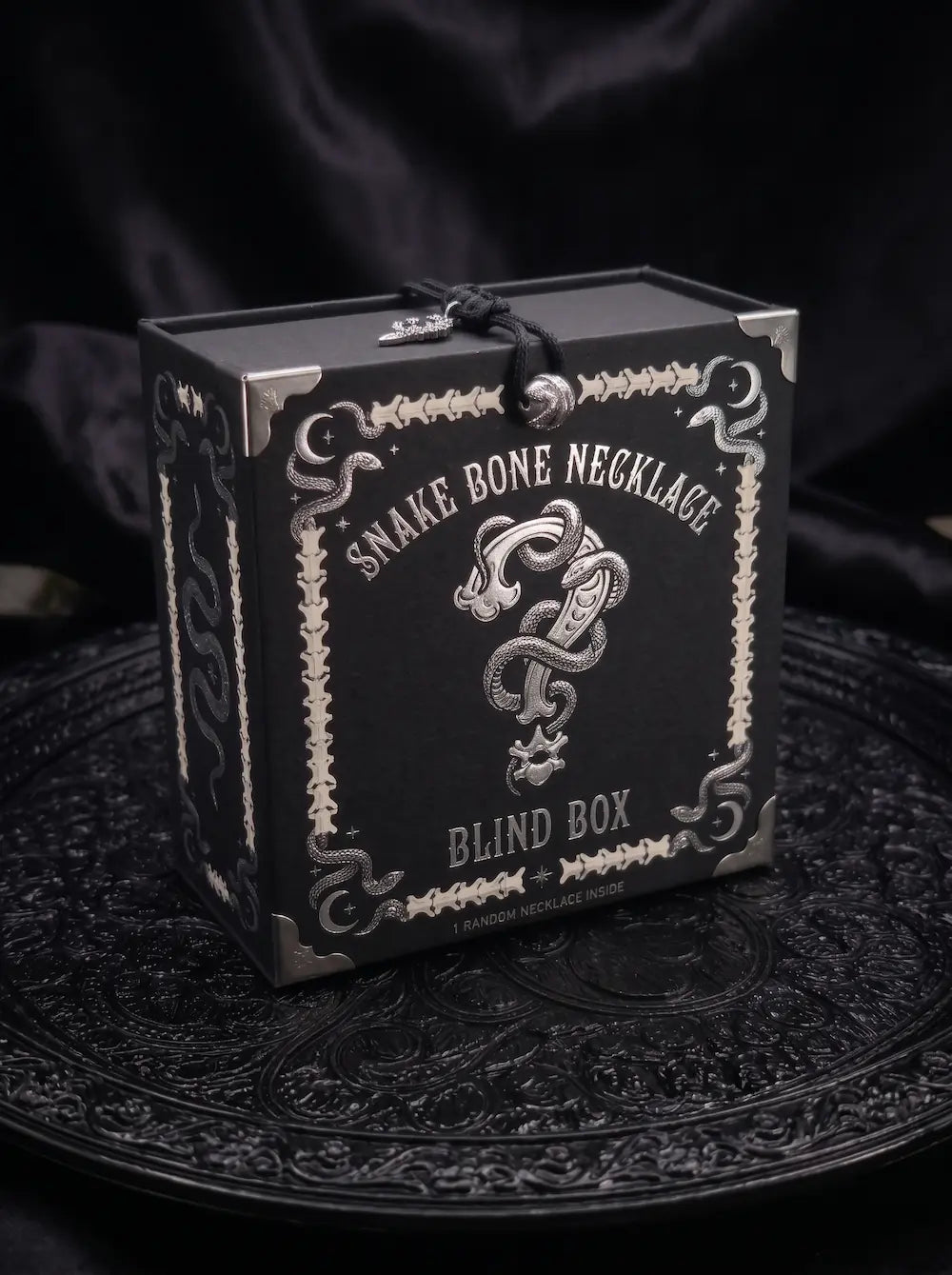 Gothic Snake Bone Necklace blind box in black packaging with silver snake and skeletal artwork