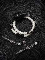 Nightreign Snake Bone Bracelet, white vertebrae bracelet with dark preserved snake head and dagger-shaped charms