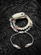 Petalshade Snake Bone Bracelet, preserved pale snake head bracelet with soft pink beads and a black cord tie