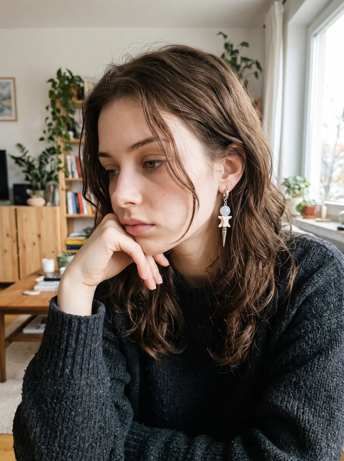 Prismatic Fang snake bone earring with a pale blue bead, worn with the chin resting on one hand