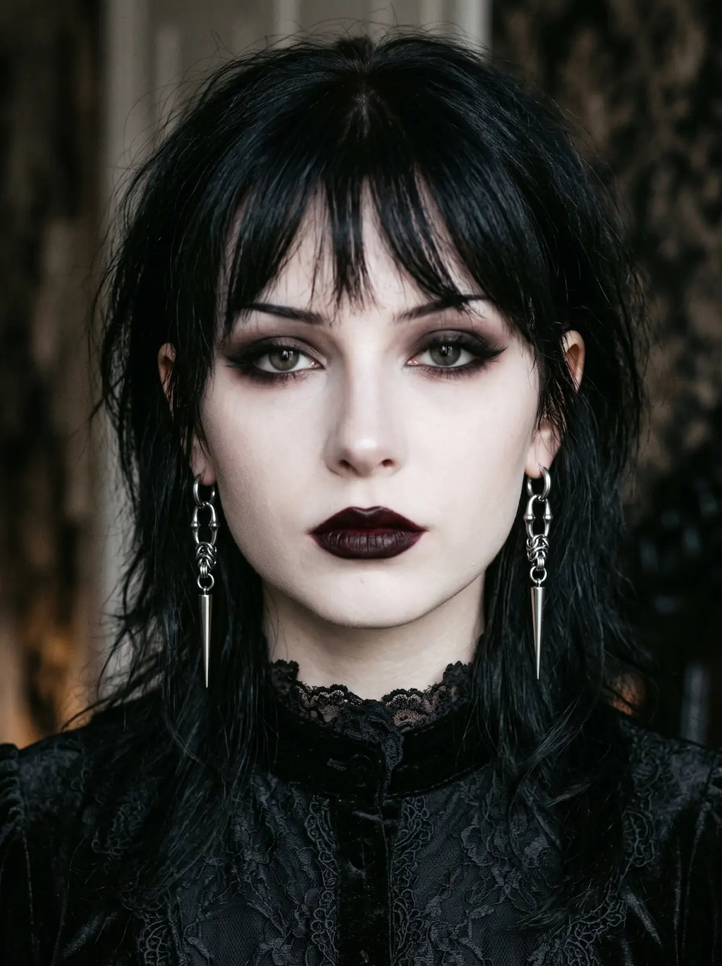 Gothic woman wearing a pair of Razor Fang Spike Earrings with long silver spike pendants