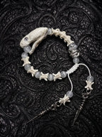 Silver Omen Snake Bone Bracelet, white vertebrae bracelet with preserved pale snake head and silver-tone charms