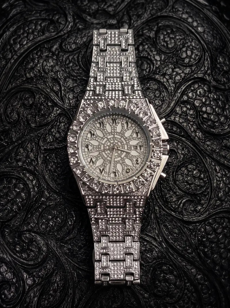 Solar Sigil Gothic Watch, engraved silver-tone metal watch with detailed silver dial, front view on black fabric