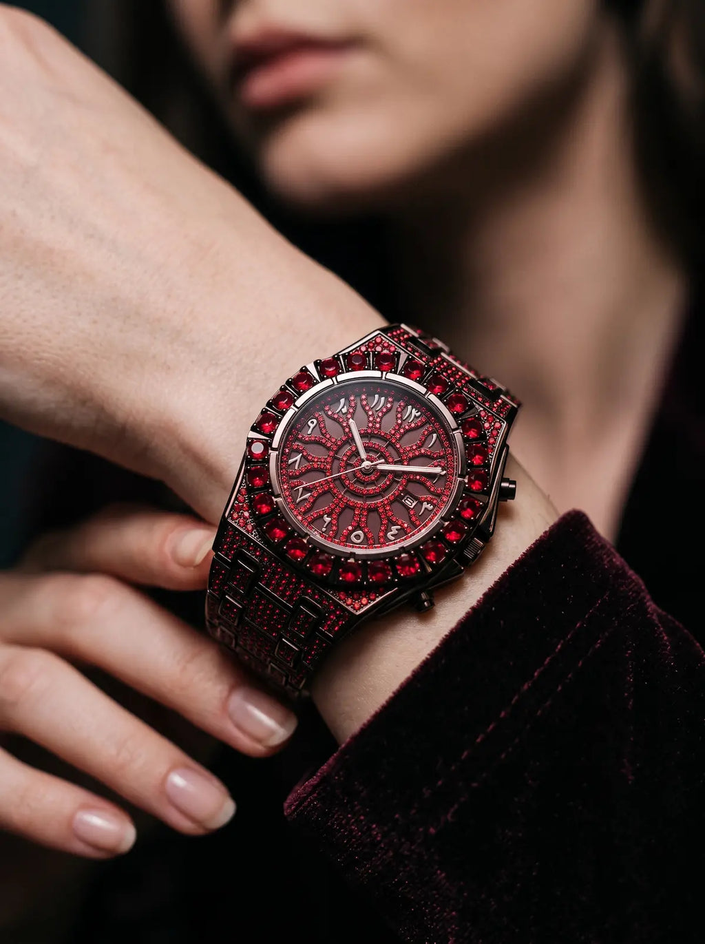 Solar Sigil Gothic Watch, red Solar Sigil watch with matching red metal bracelet worn at the wrist