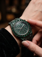 Solar Sigil Gothic Watch, close wrist detail of green Solar Sigil watch showing its patterned bezel