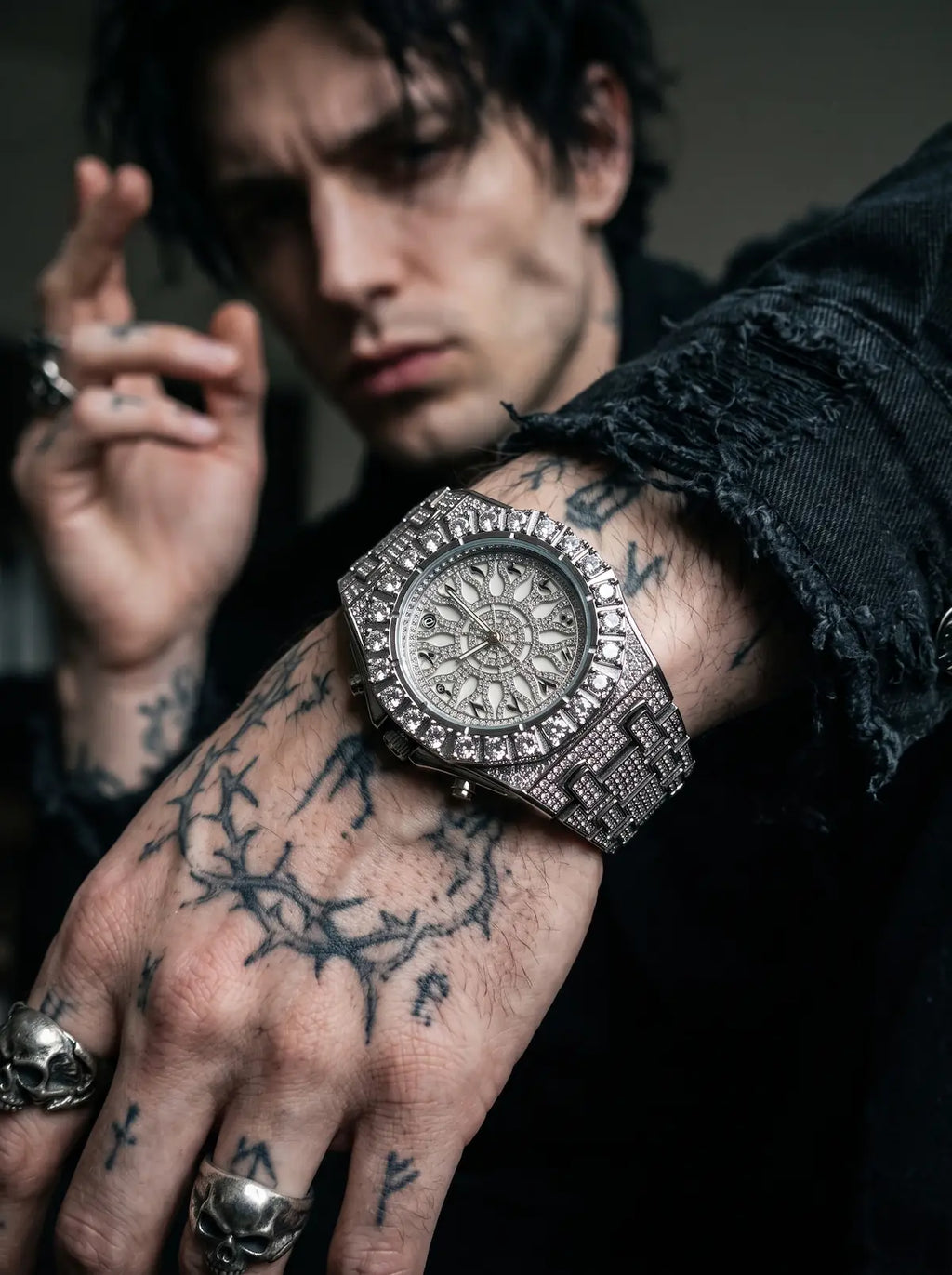 Solar Sigil Gothic Watch, silver-tone ornate watch on a tattooed wrist with gothic jewelry