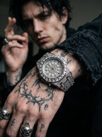 Solar Sigil Gothic Watch, silver-tone ornate watch on a tattooed wrist with gothic jewelry